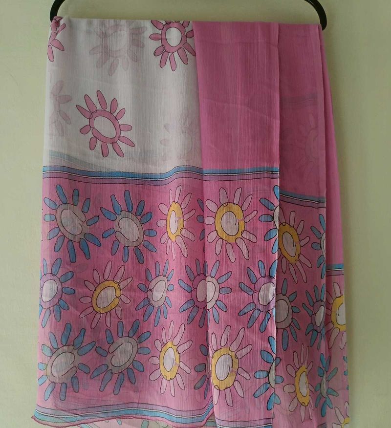 Pink &amp; White printed Floral Dupatta