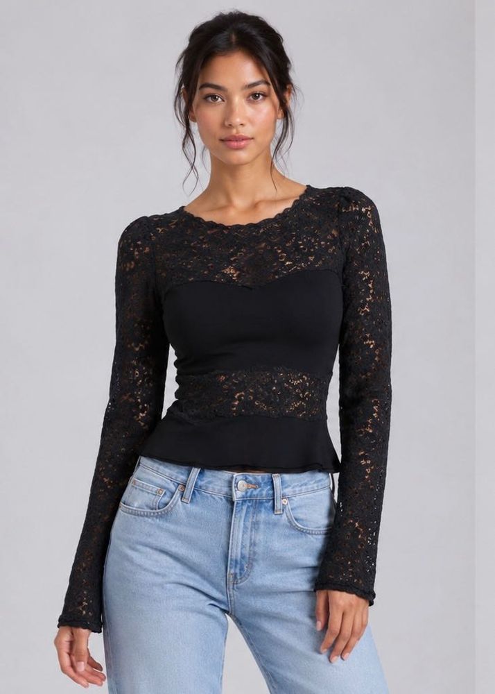 Lace Detail Long Sleeve Black Top