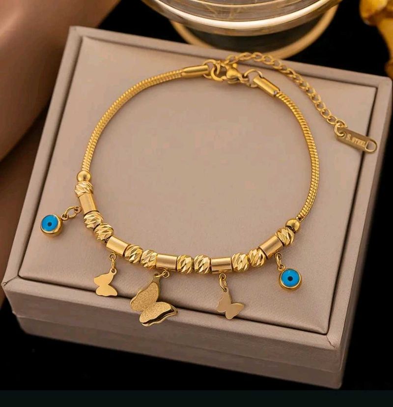 Anti-Tarnish Gold Butterfly &amp; Evil Eye Bracelet