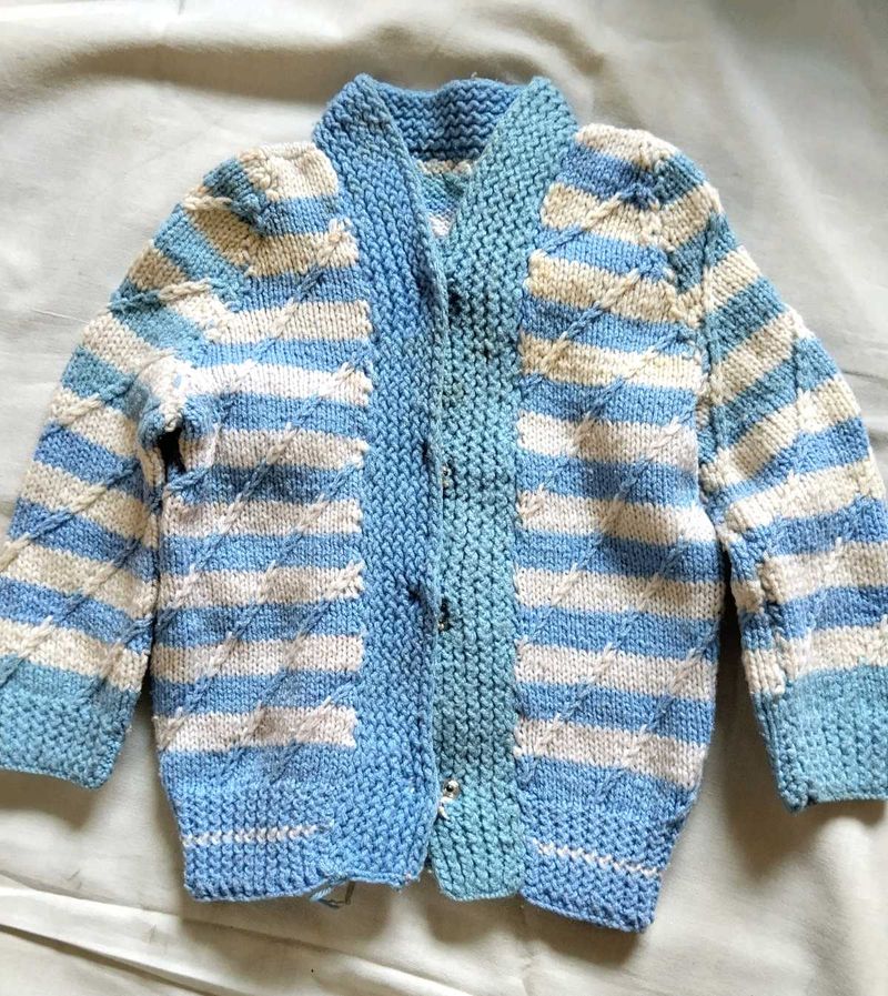 Hand-Knitted Baby Cardigan Blue Striped Sweater 💙