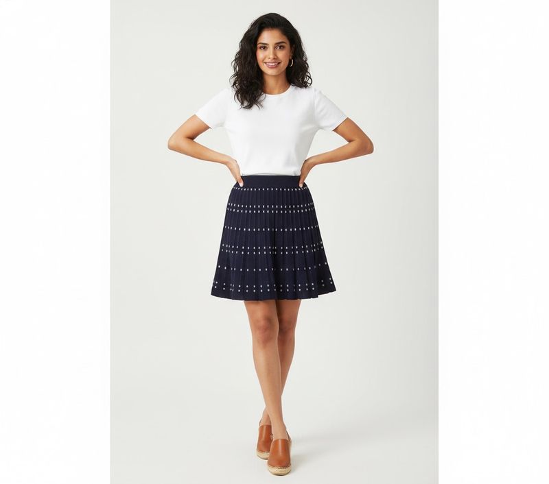 Navy Blue Knit Skirt with White Dots