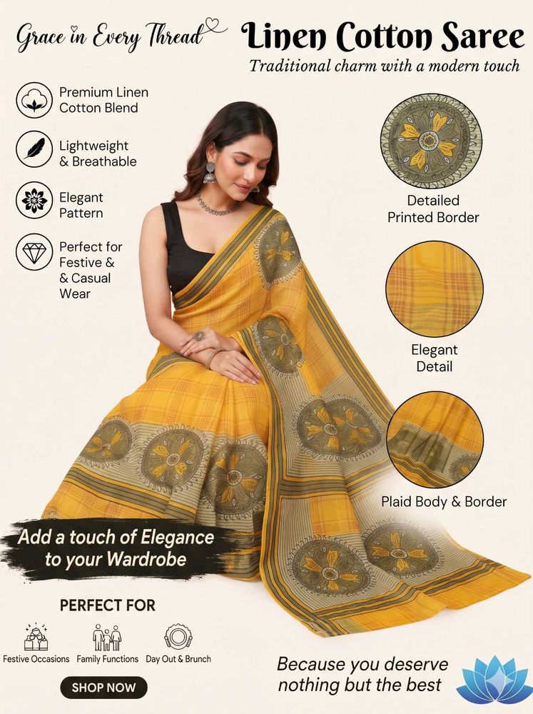 Elegant Linen Cotton Saree - Yellow Print