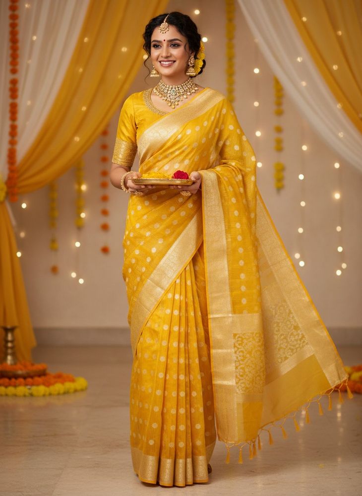 haldi function mango colour organza saree