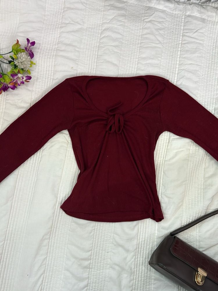 Chic Burgundy Long-Sleeve Tie-Front Top