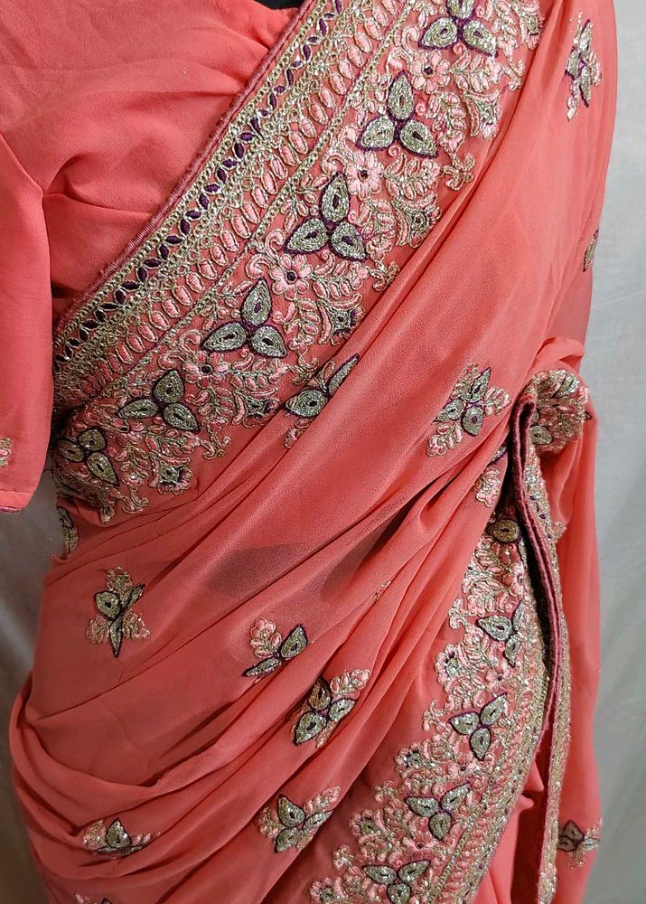 Beautiful Embroidered Peach Saree 🤩