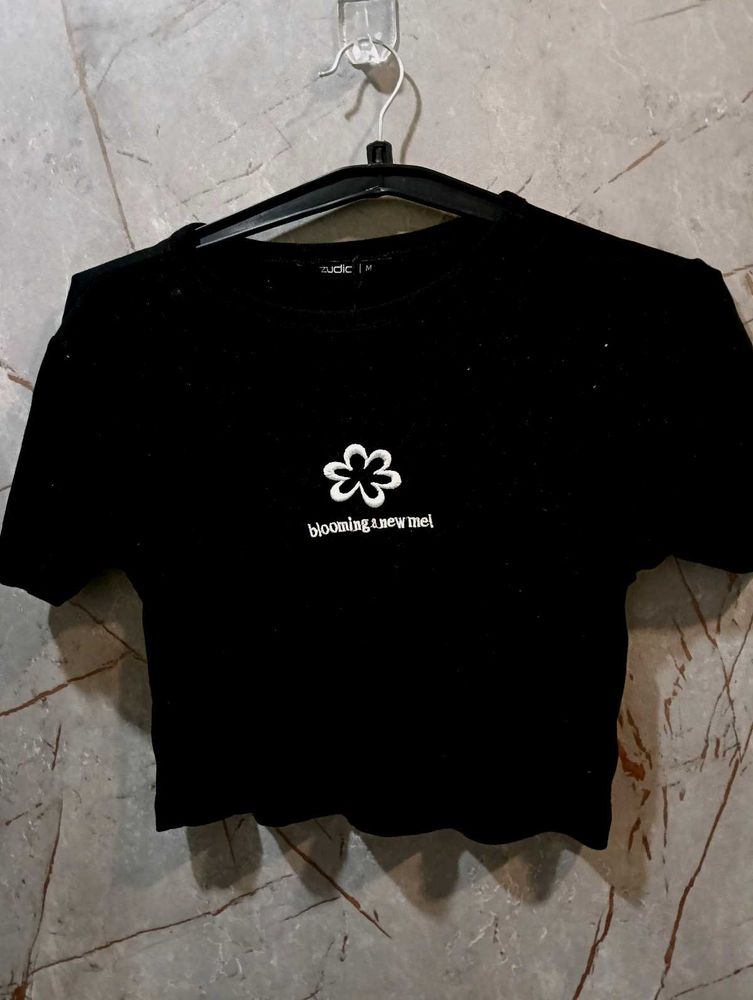 Black Crop Top with Flower Print (size-M)