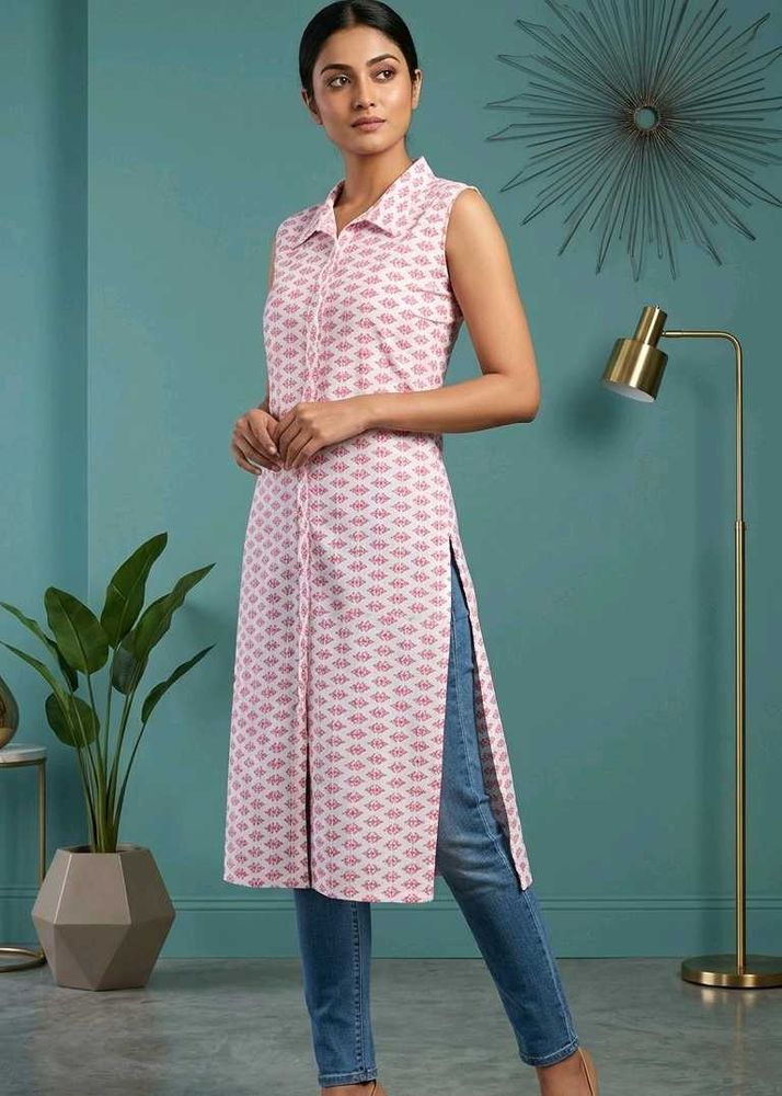 Chic Sleeveless Pink Printed Kurta