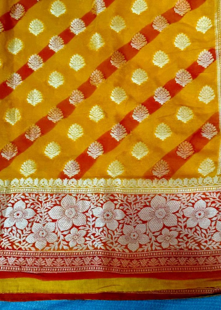 pure khaddi chiffon yellow lahariya banarasi Saree