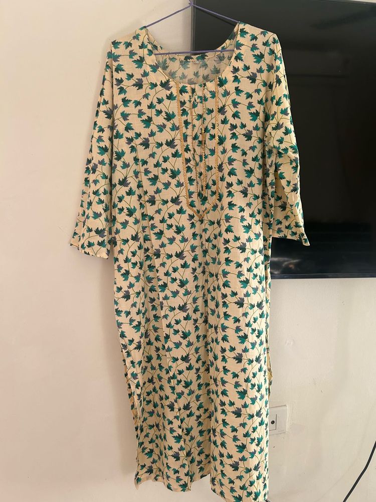 Cream Kurta with Green Leaf Print