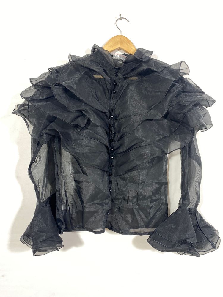 Women Black Ruffles Style Top