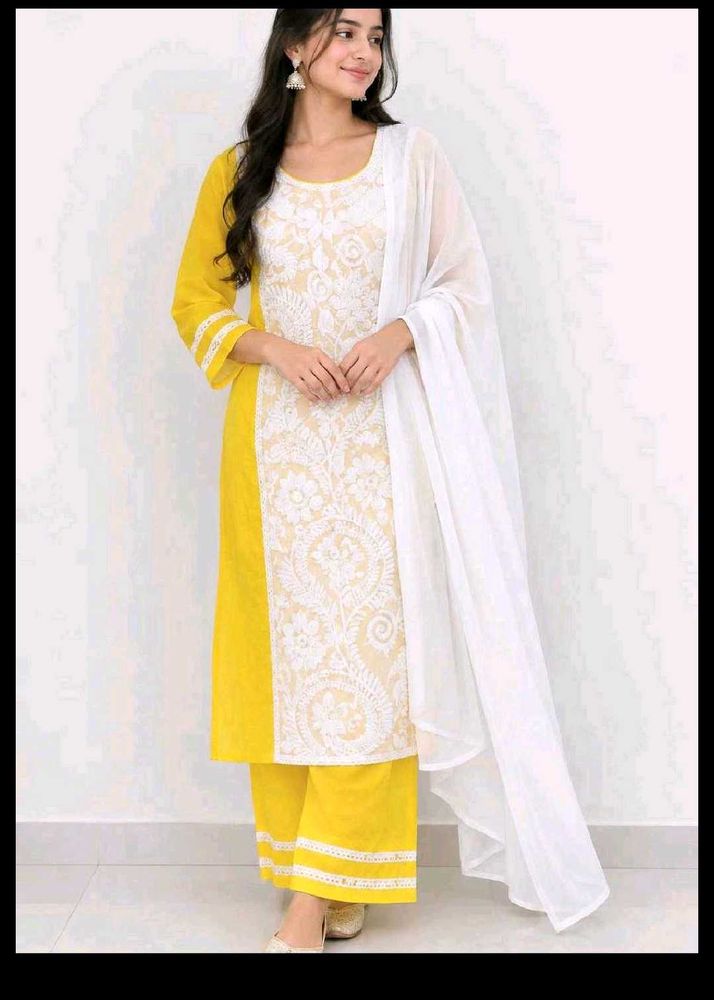 Yellow &amp; White Chikankari Kurta Set