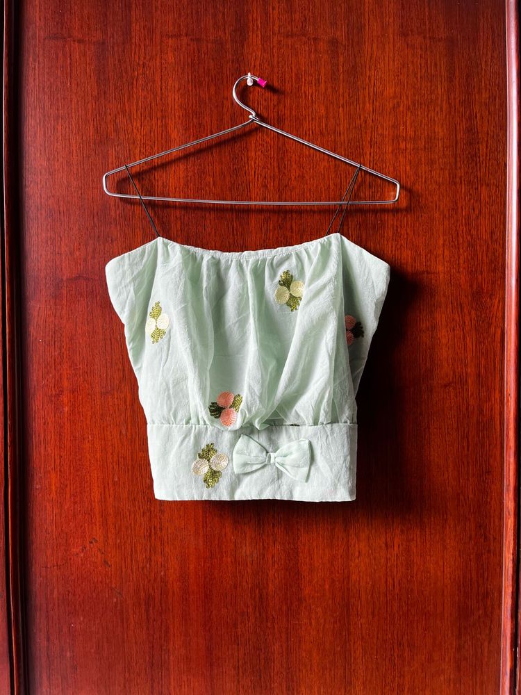 Cute Mint Green Crop Top with Floral Embroidery