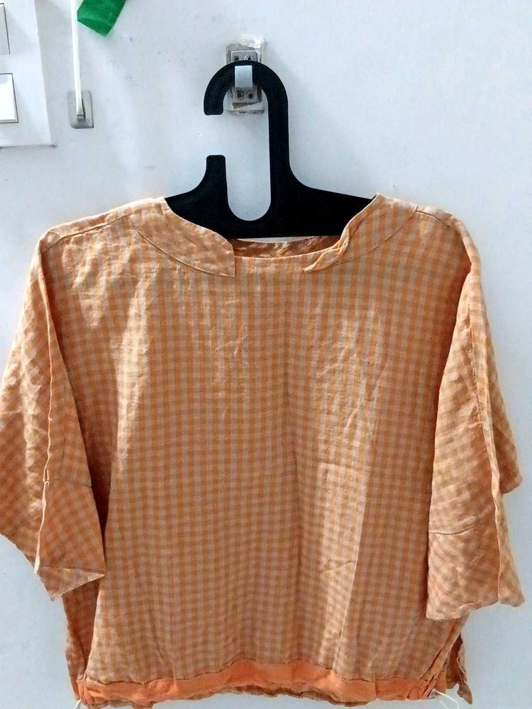 Orange Checkered Kurta ,cotton material,