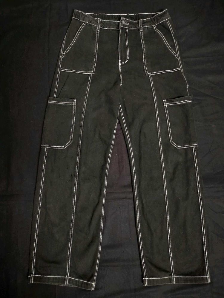Black Contrast Stitch Cargo Pants