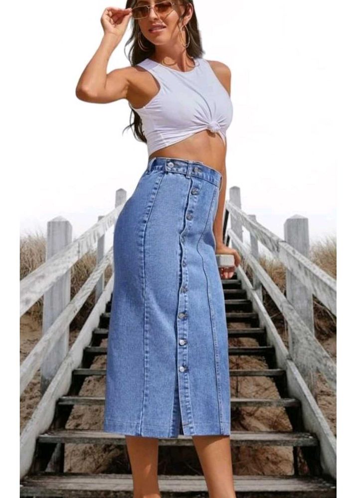 Denim Slit Midi Skirt With Silver Buttons