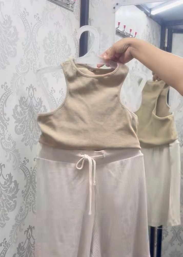 Casual Beige Tank Top &amp; White Pants Set