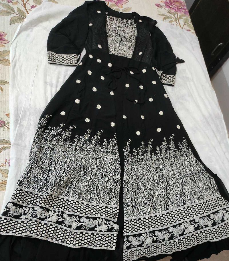 Elegant Black gown with White Embroidery