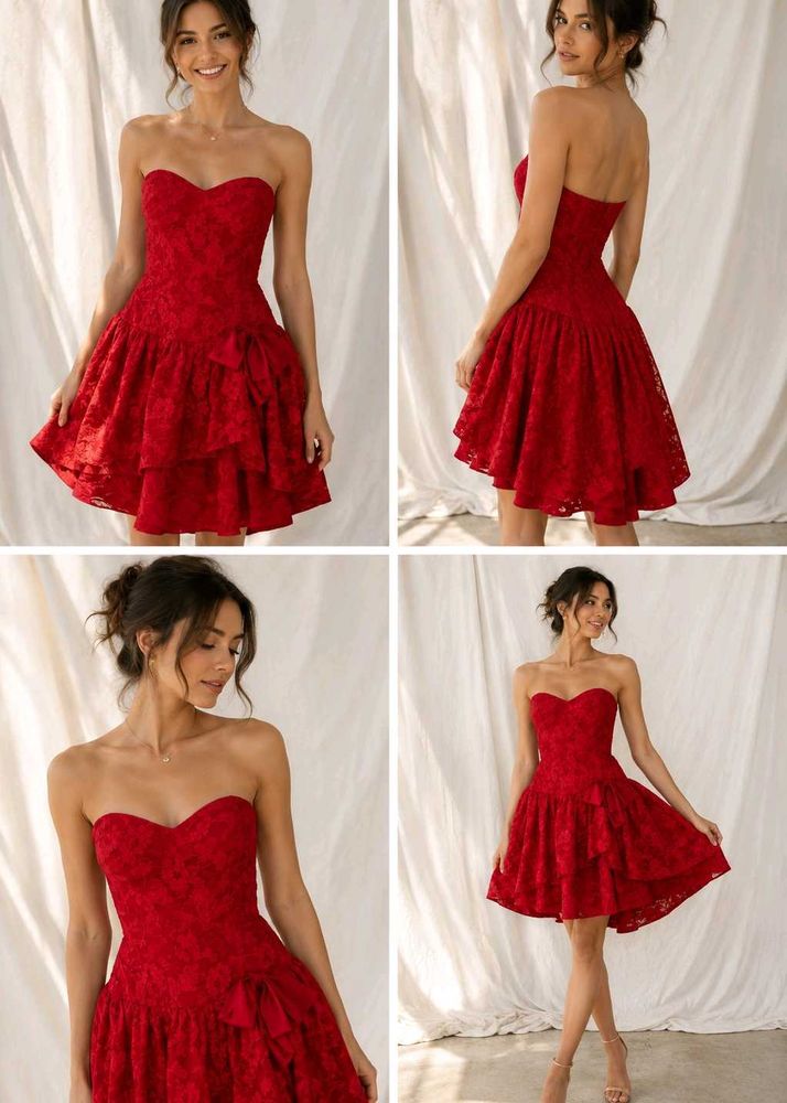 15J6. Stunning Red Strapless Lace Mini Dress
