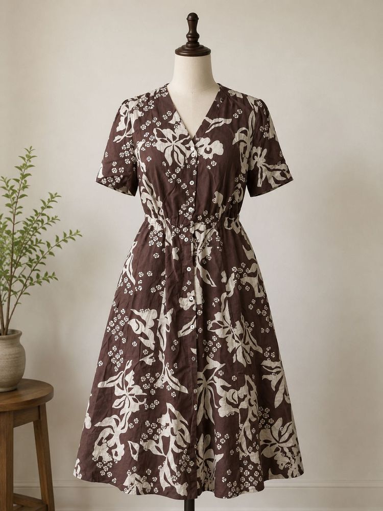 Brown Floral Button-Down Midi Dress🌷