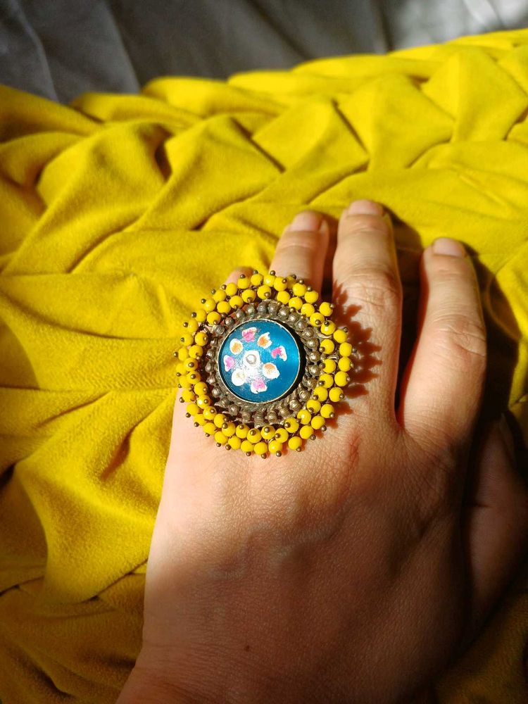 Boho brass Floral handpainted Statement Ring