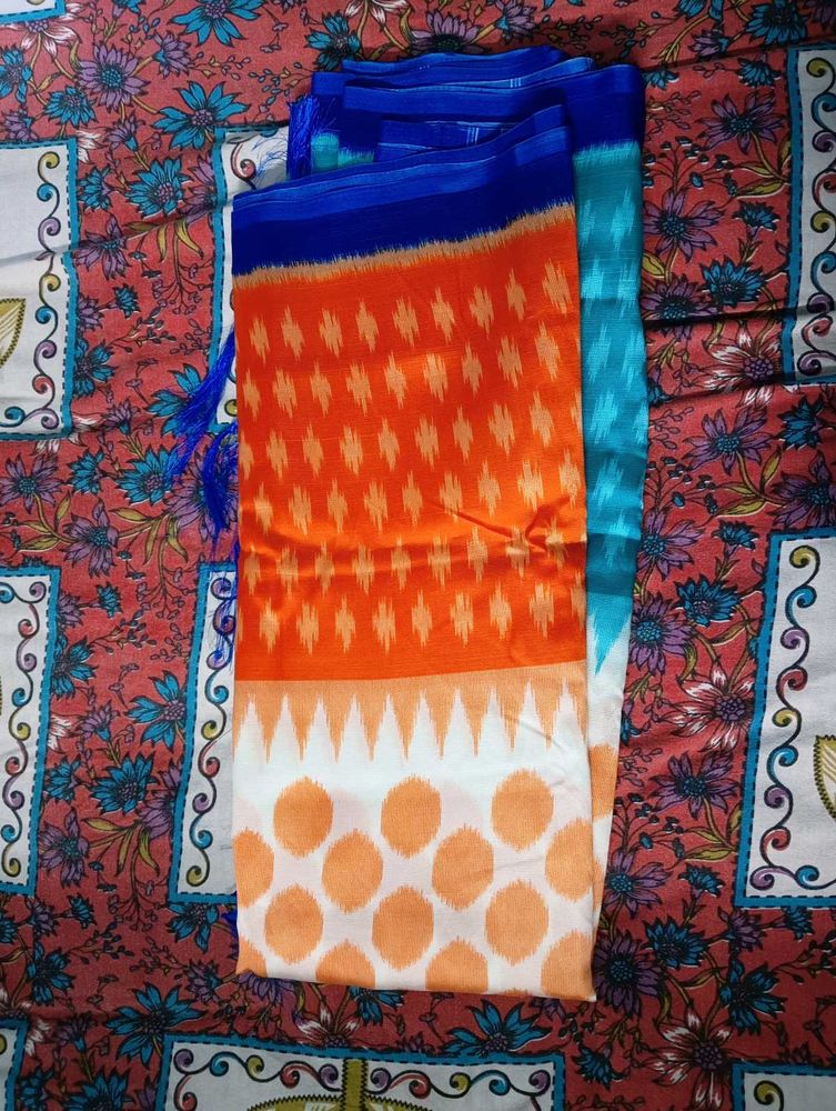Vibrant Orange &amp; Blue Ikat Saree