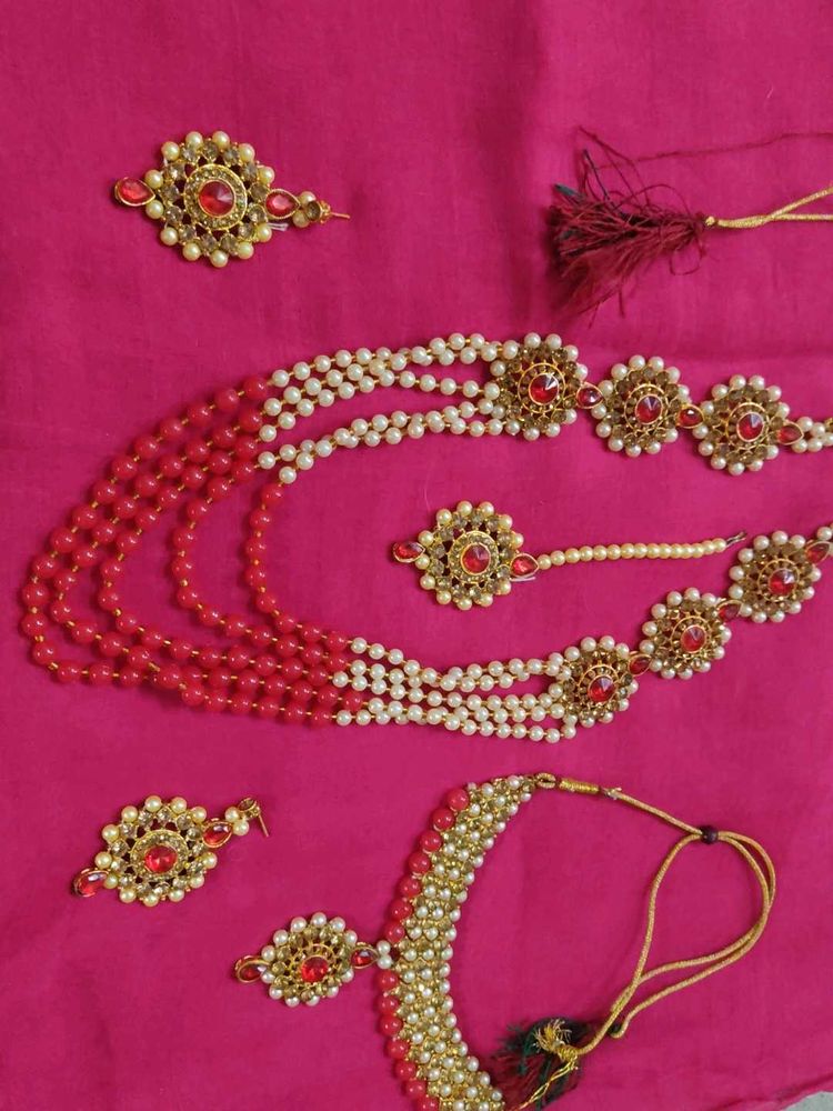 Red &amp; White Pearl Necklace Set