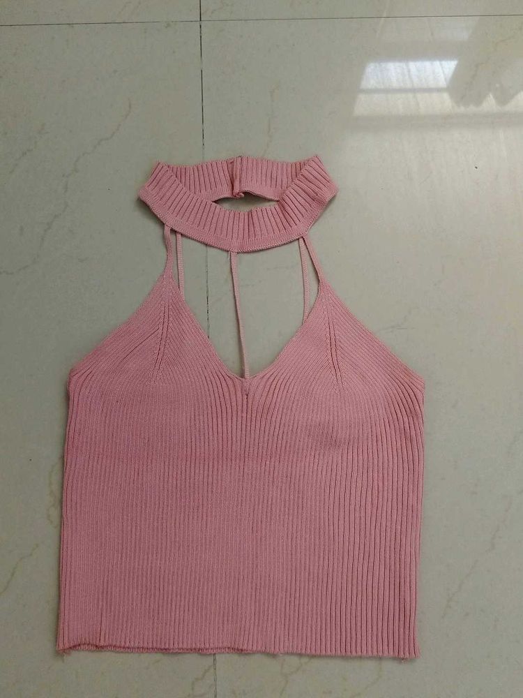 Pink Ribbed Halter Neck Crop Top