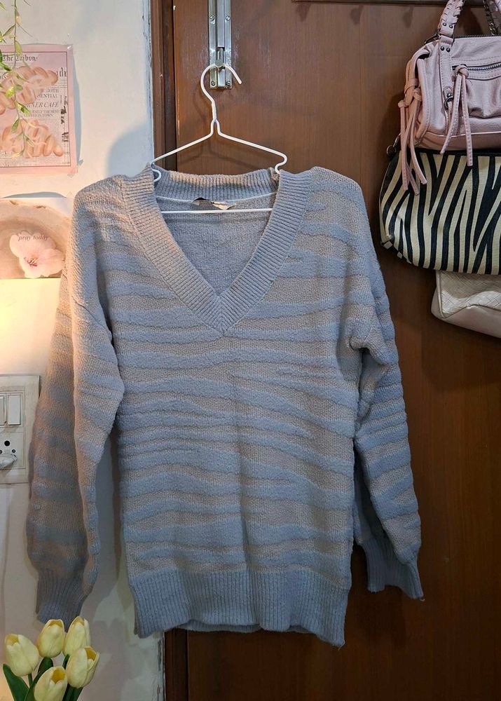 Light Blue Textured V-Neck Sweater