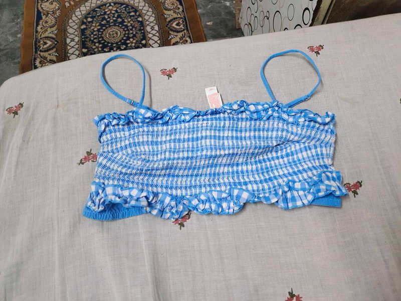 Blue Gingham Smocked Crop Top