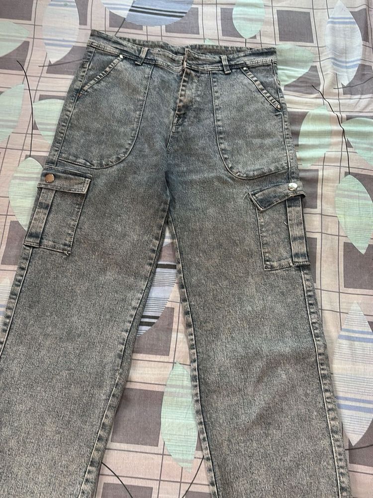 Womens Acid Wash Cargo Jeans