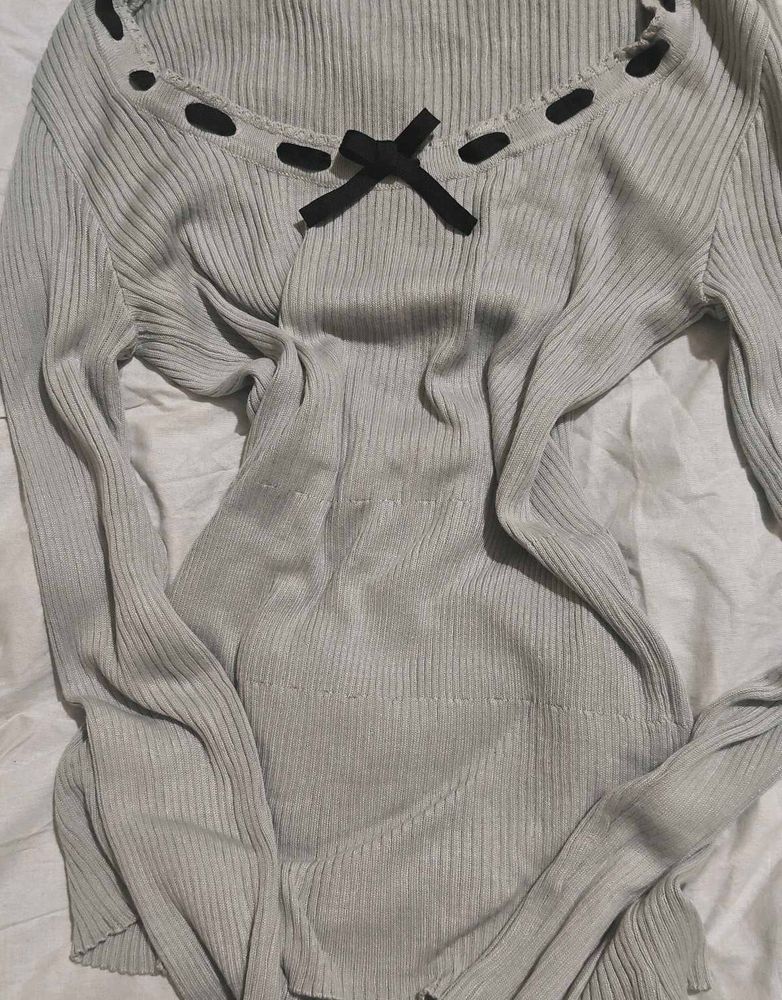 Grey Ribbed Long Sleeve Top with Bow