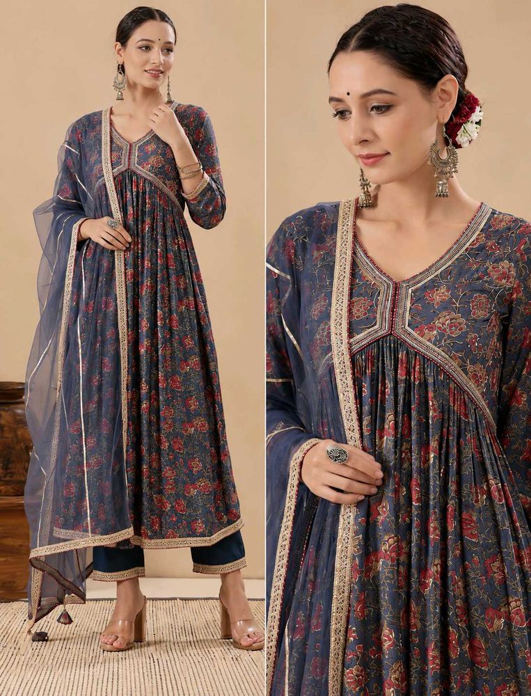 Blue Floral Printed Pure Cotton Naira Cut Suit