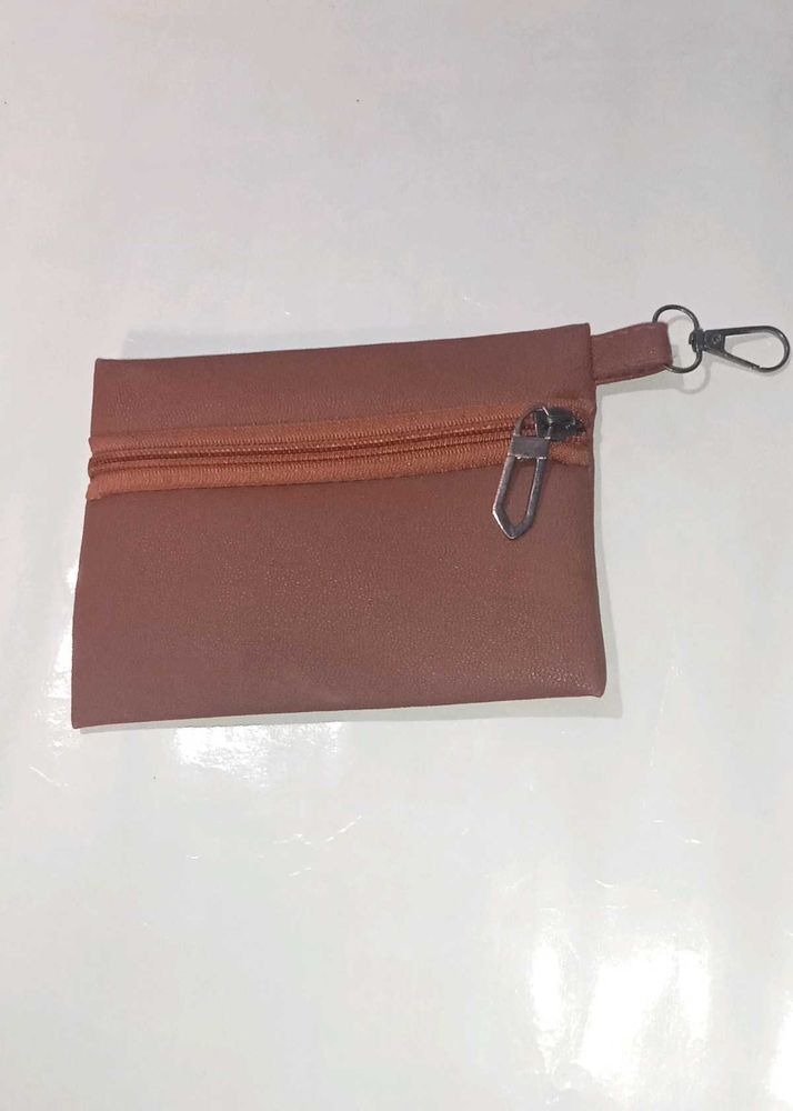 Brown Zipper Pouch with Keychain Clip
