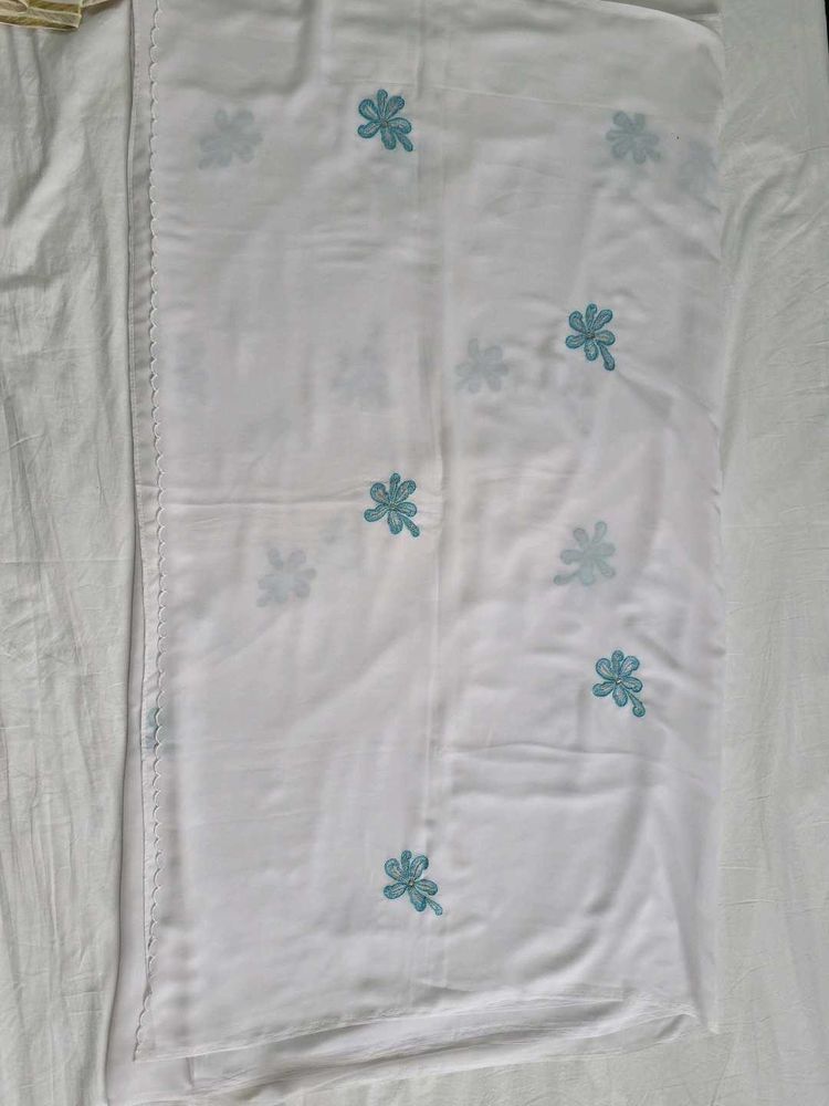 White Dupatta with Blue Flower Embroidery