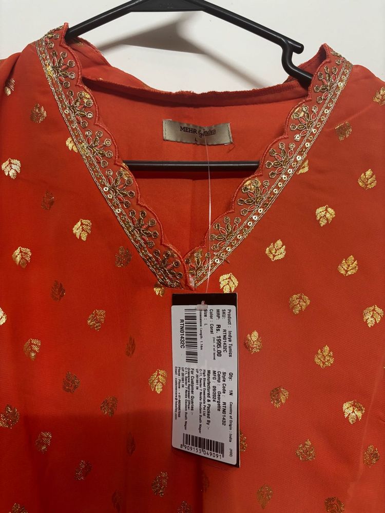 Embroidered Orange Kurta