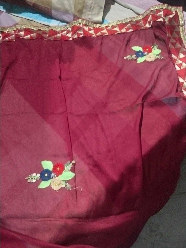 Maroon Saree with Floral Embroidery