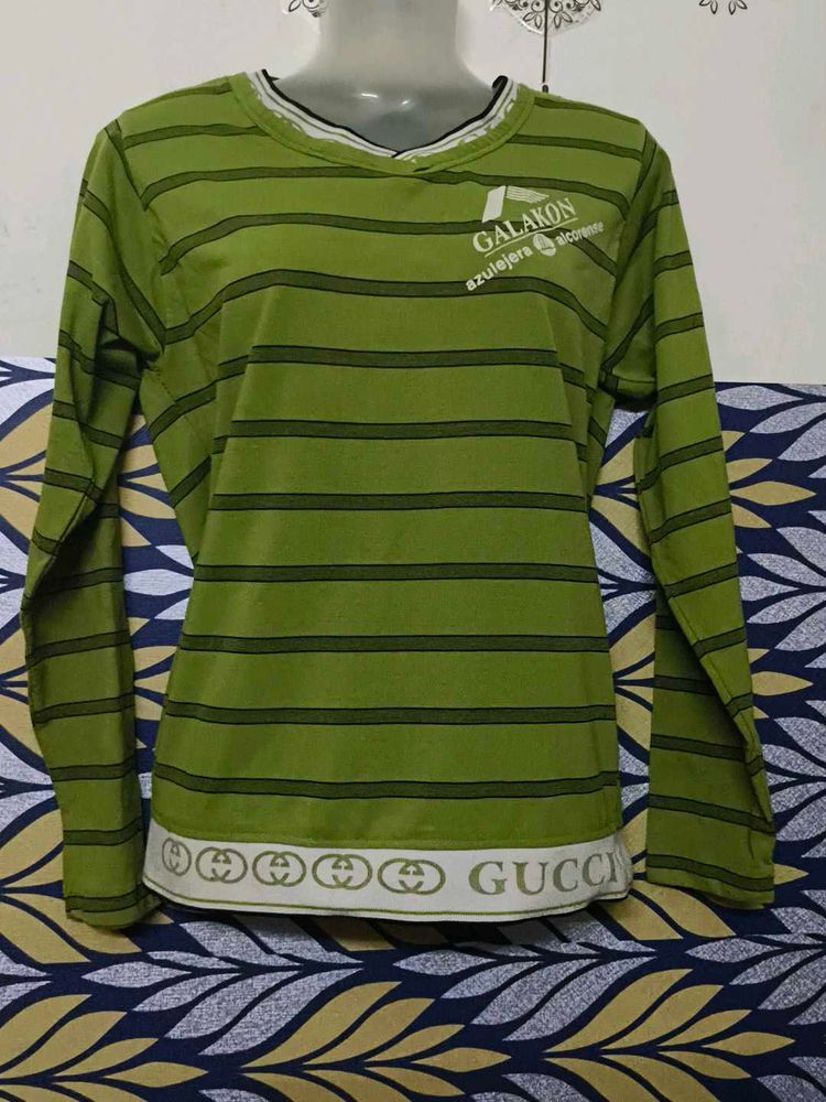 Women V Neck Green Striped Long Sleeve Top