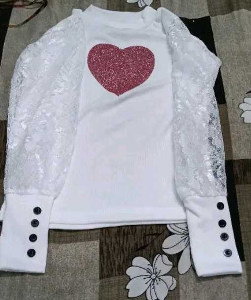 White Heart Lace Sleeve Top