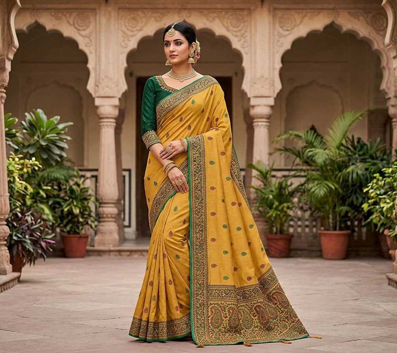 Unused Elegant Embroidered Saree, Haldi yellow