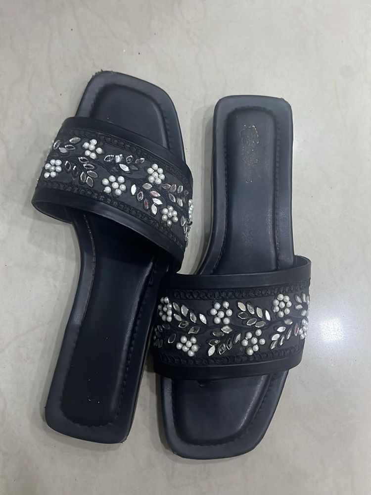 Embellished Black Flat Sandals