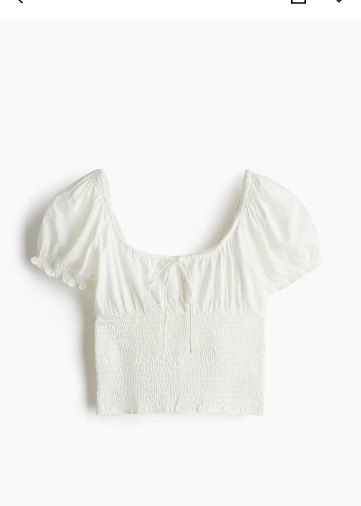 H&amp;M White Smocked Puff Sleeve Top