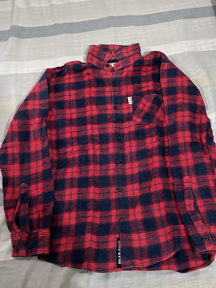 Red and Navy Plaid Flannel Shirt