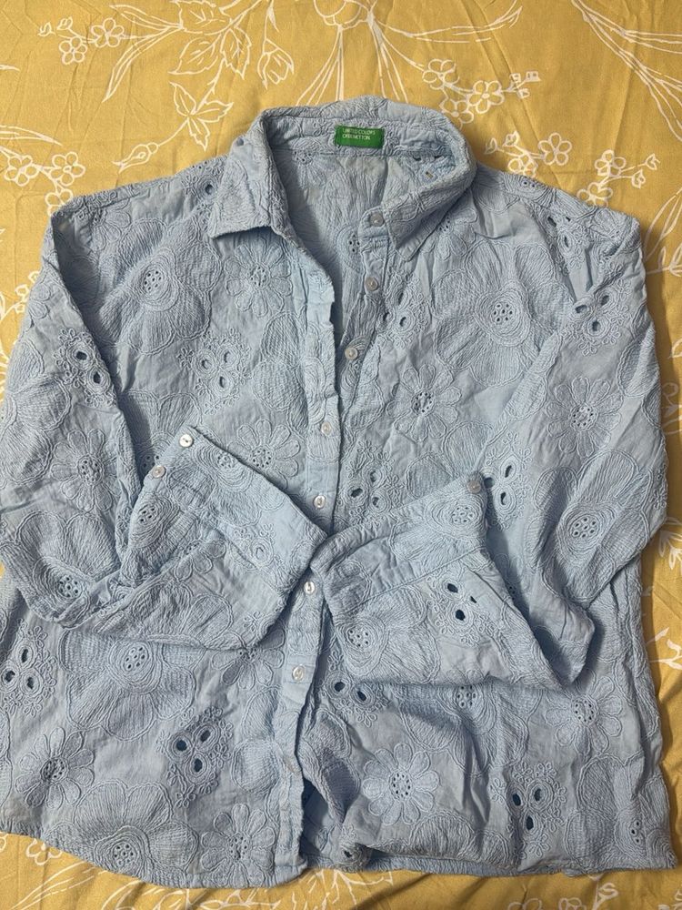 Light Blue Eyelet Button-Up Shirt
