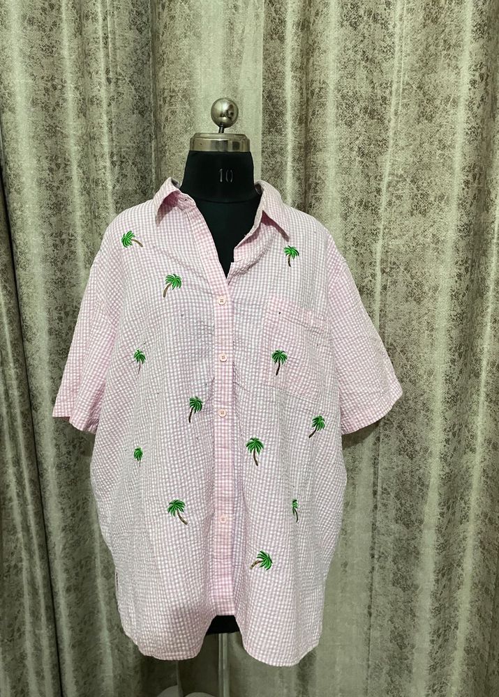 2XL imported  Pink Gingham Palm Tree Shirt