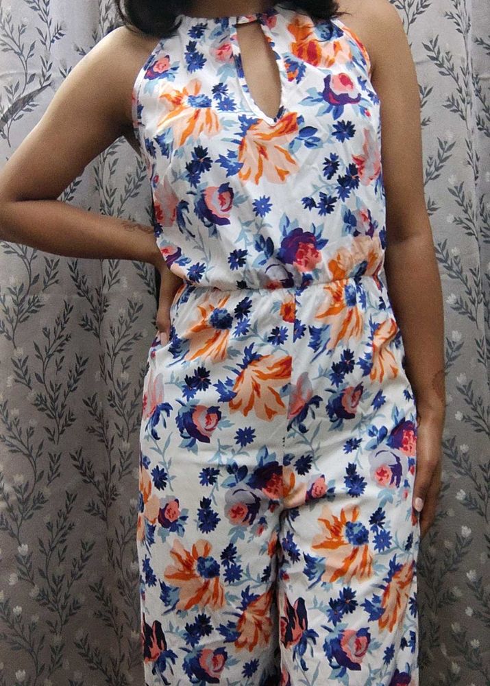 New Look White Floral Tie Neck Closure Jumpsuit