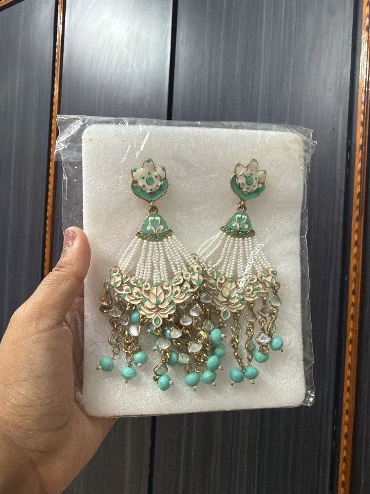 Beautiful Teal &amp; White Jhumka Earrings
