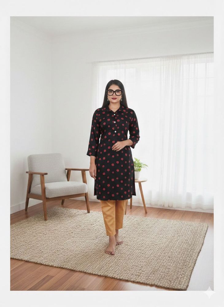 Elegant Black &amp; Red Floral Print Kurta