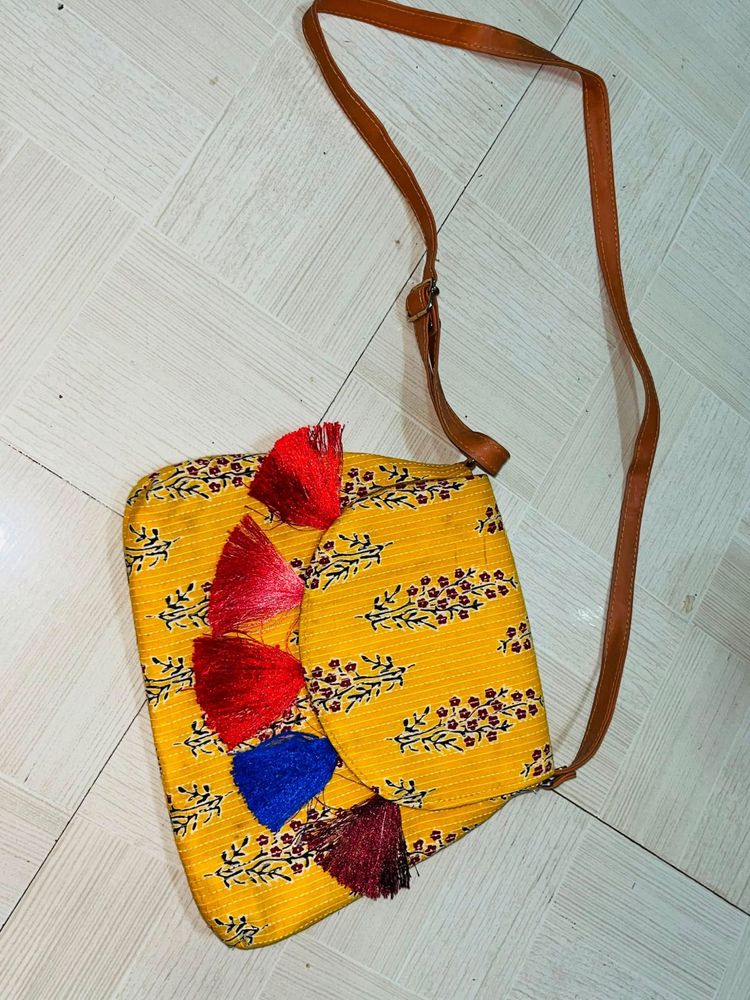 Boho Yellow Tasseled Sling Bag