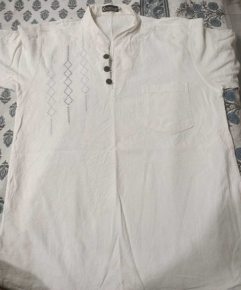 White Cotton Thai Kurta with Embroidery – Traditio