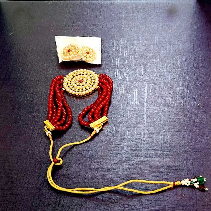 Red Beaded Choker Necklace with Earrings